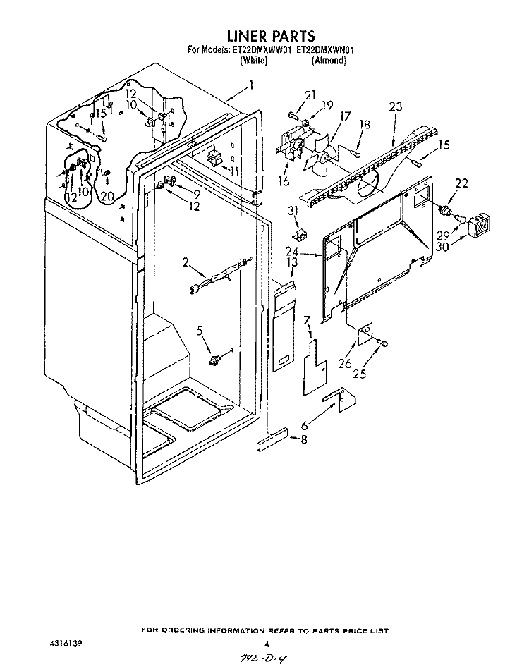 LINER Diagram and Parts List for ET22DMXWW01  Whirlpool Refrigerator