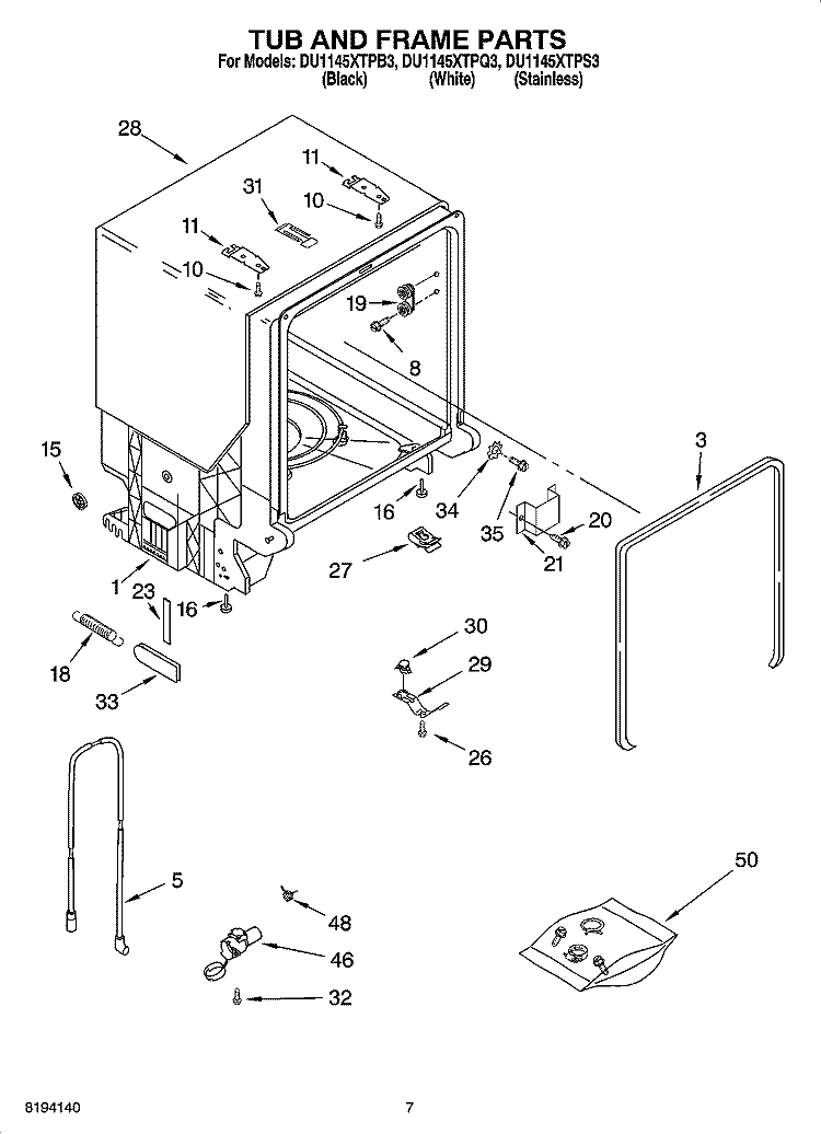 TUB AND FRAME PARTS Diagram and Parts List for DU1145XTPQ3  Whirlpool Dishwasher