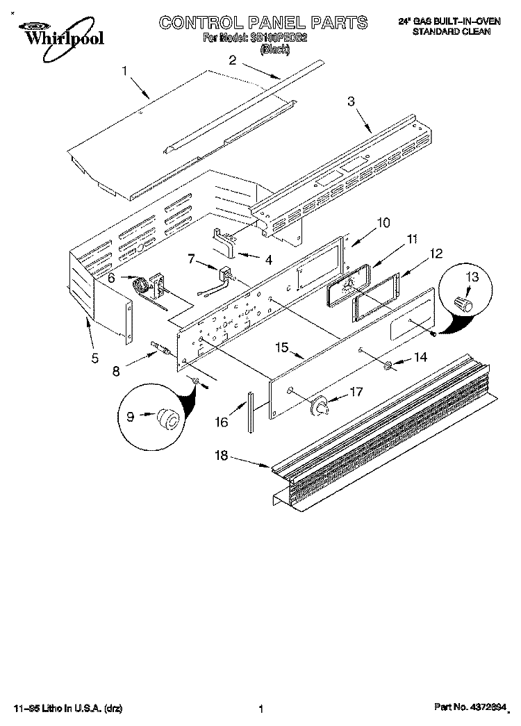 CONTROL PANEL Diagram and Parts List for SB100PEDB2  Whirlpool Wall Oven