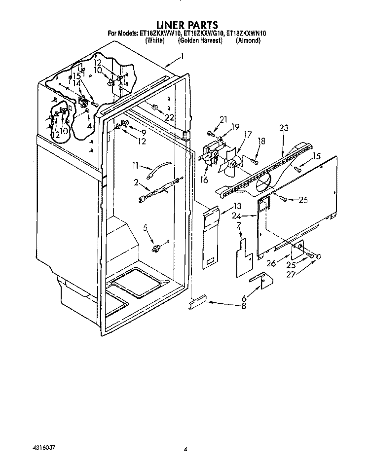 LINER Diagram and Parts List for ET18ZKXWW10  Whirlpool Refrigerator