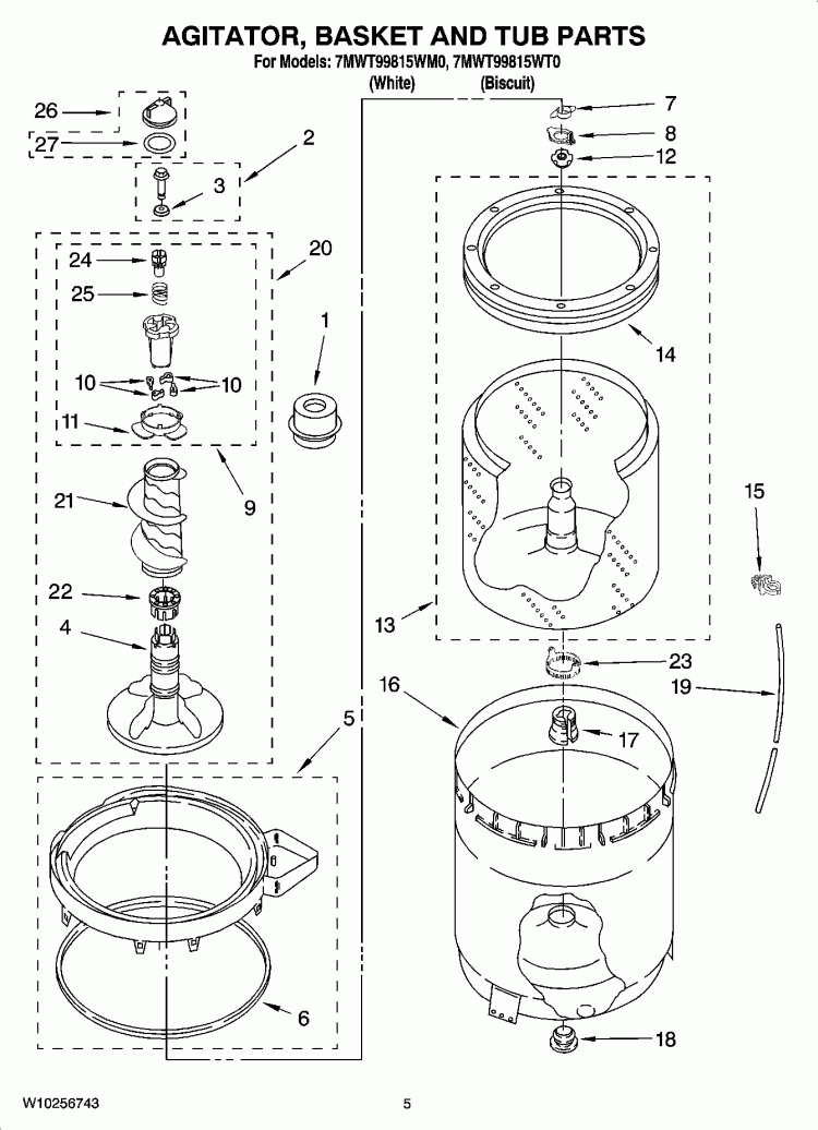 AGITATOR, BASKET AND TUB PARTS Diagram and Parts List for 7MWT99815WM0  Whirlpool Washer