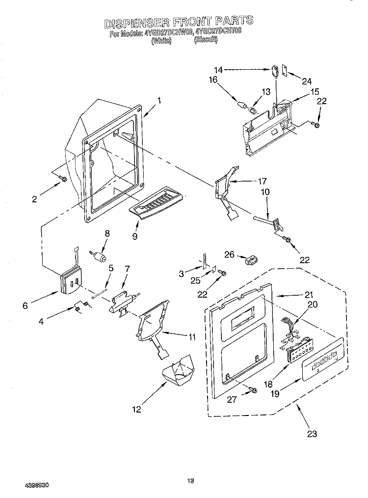 DISPENSER FRONT Diagram and Parts List for 4YGD27DCHT00  Whirlpool Refrigerator