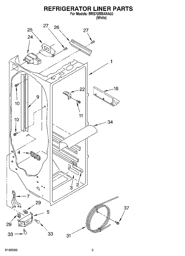 REFRIGERATOR LINER PARTS Diagram and Parts List for BRS70BBANA00  Whirlpool Refrigerator
