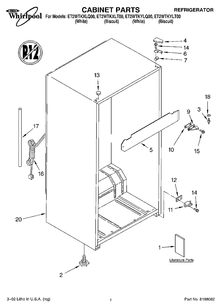 CABINET PARTS Diagram and Parts List for ET2WTKXLQ00  Whirlpool Refrigerator