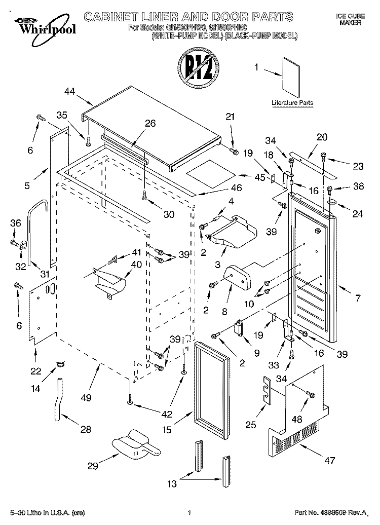 CABINET LINER AND DOOR, LIT/OPTIONAL Diagram and Parts List for GI1500PHB0  Whirlpool Ice Maker
