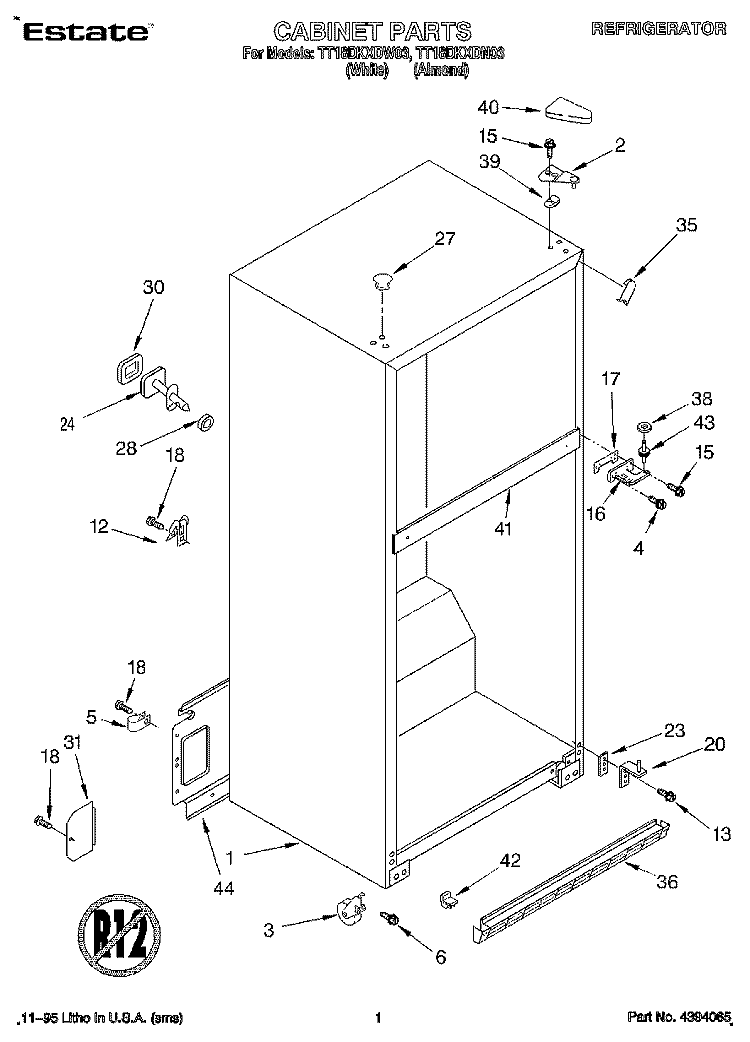 CABINET Diagram and Parts List for TT18DKXDN03  Estate Refrigerator