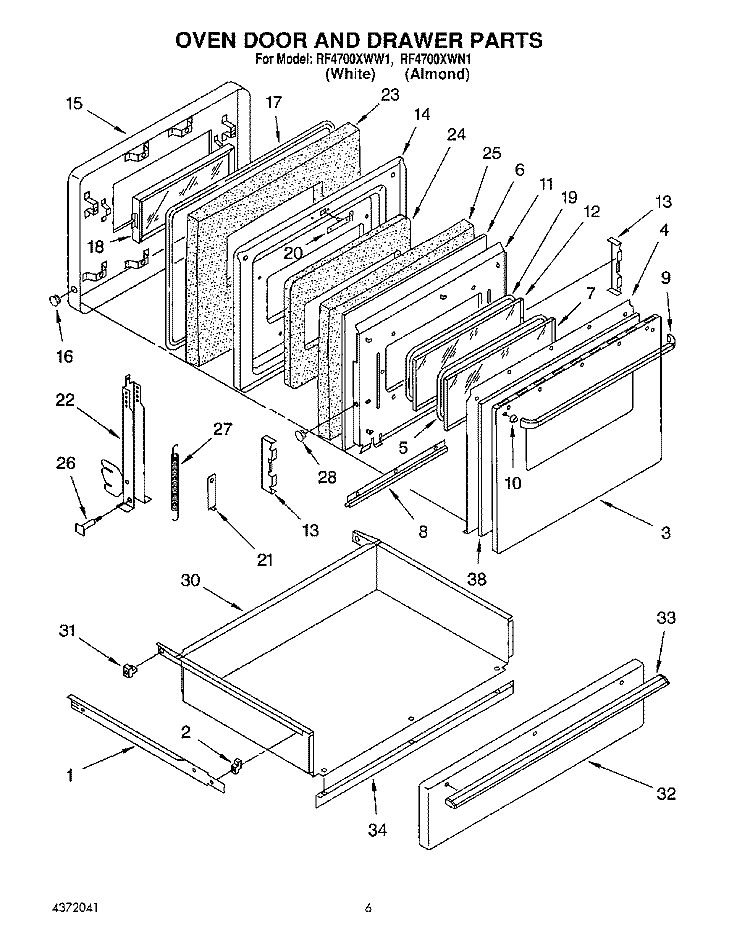 OVEN DOOR AND DRAWER Diagram and Parts List for RF4700XWW1  Whirlpool Range