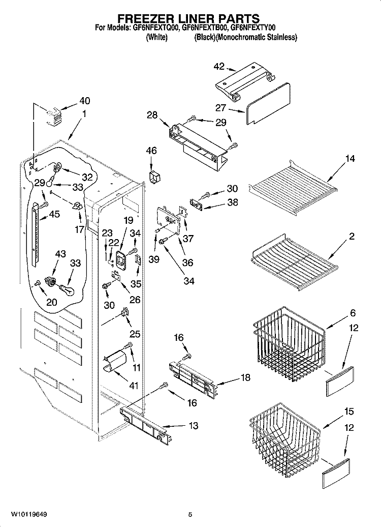 FREEZER LINER PARTS Diagram and Parts List for GF6NFEXTB00  Whirlpool Refrigerator