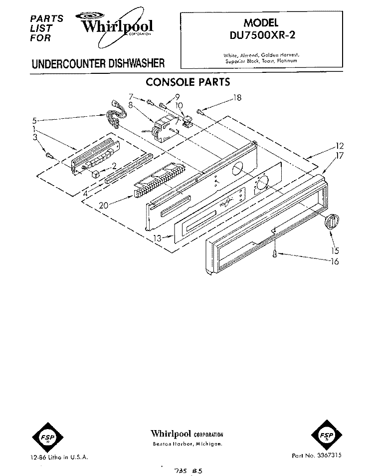 CONSOLE Diagram and Parts List for DU7500XR2  Whirlpool Dishwasher