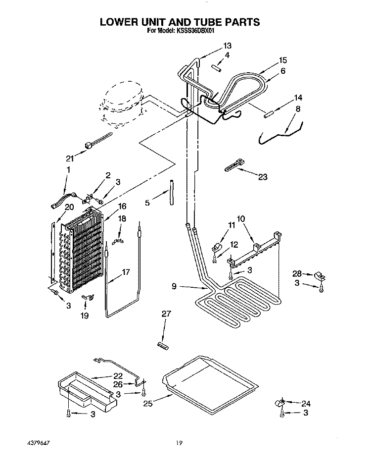 LOWER UNIT AND TUBE Diagram and Parts List for KSSS36DBX01  KitchenAid Refrigerator