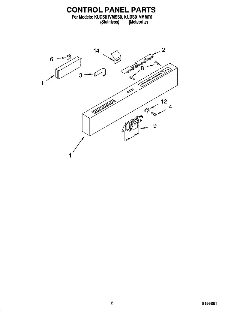 CONTROL PANEL PARTS Diagram and Parts List for KUDS01VMSS0  KitchenAid Dishwasher