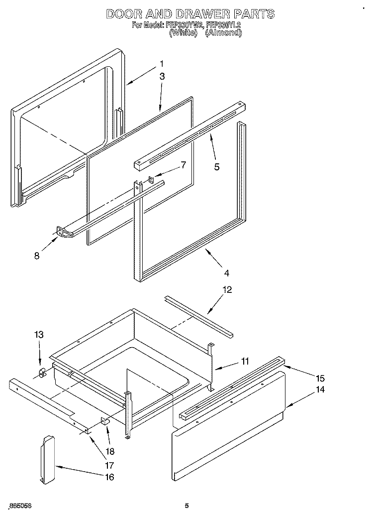 DOOR AND DRAWER, LIT/OPTIONAL Diagram and Parts List for FEP330YW2  Roper Range