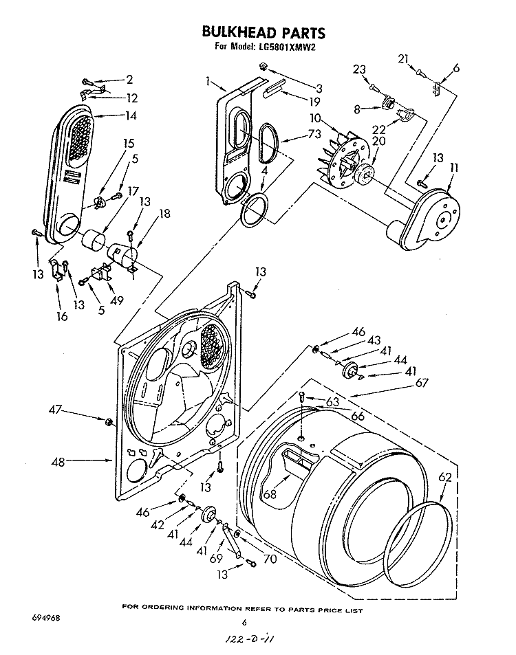 BULKHEAD Diagram and Parts List for LG5801XMW2  Whirlpool Dryer