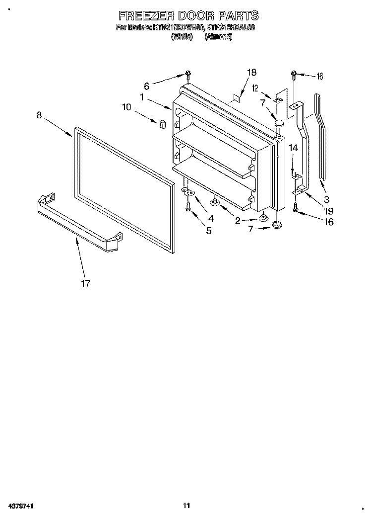 FREEZER DOOR, LIT/OPTIONAL Diagram and Parts List for KTRS19KDAL00  KitchenAid Refrigerator