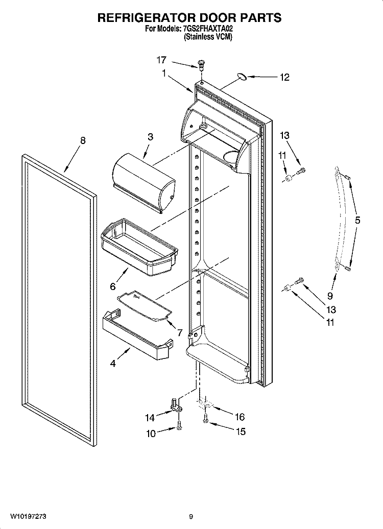 REFRIGERATOR DOOR PARTS Diagram and Parts List for 7GS2FHAXTA02  Whirlpool Refrigerator