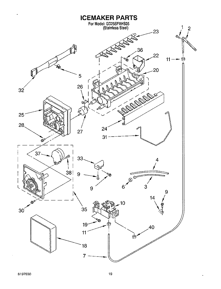 ICEMAKER Diagram and Parts List for GD25SFXHS05  Whirlpool Refrigerator