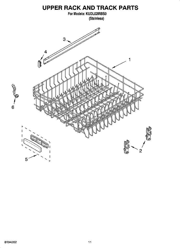 UPPER RACK AND TRACK PARTS Diagram and Parts List for KUDL02IRBS0  KitchenAid Dishwasher