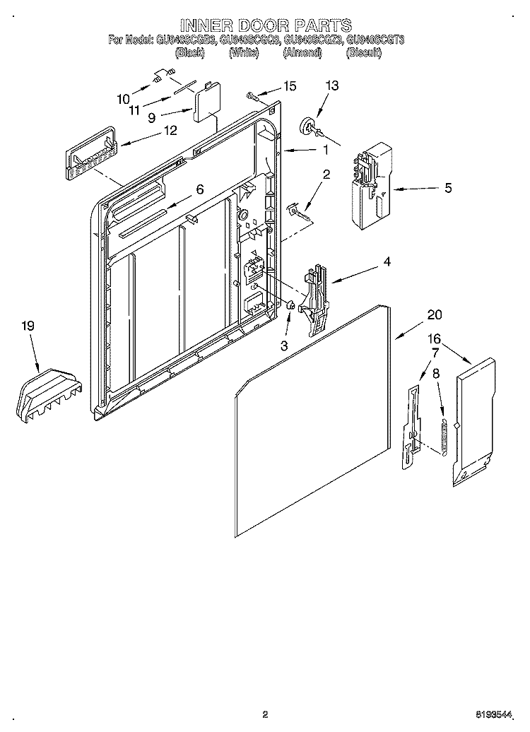 INNER DOOR Diagram and Parts List for GU940SCGB3  Whirlpool Dishwasher