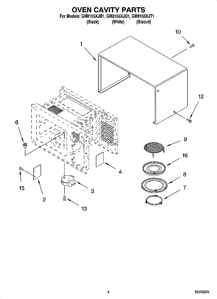 OVEN CAVITY PARTS Diagram and Parts List for GM8155XJB1  Whirlpool Microwave