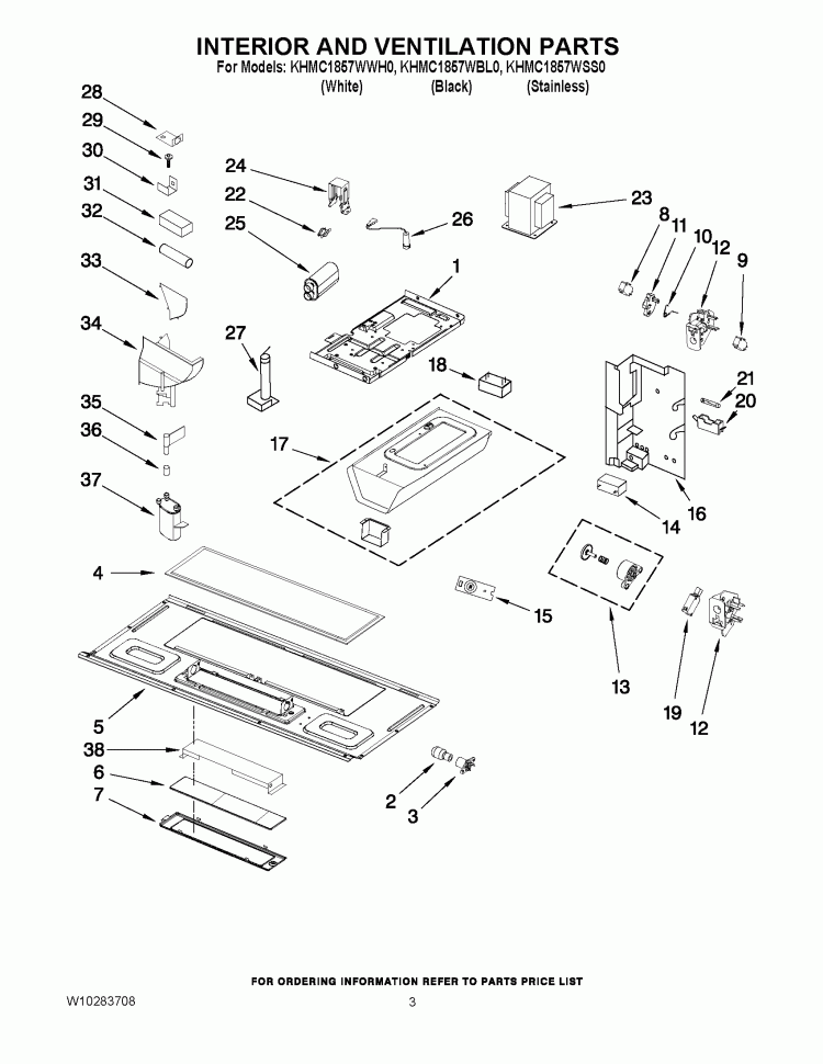 INTERIOR AND VENTILATION PARTS Diagram and Parts List for KHMC1857WSS0  KitchenAid Microwave