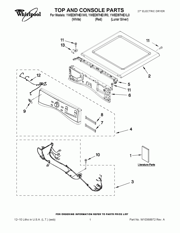 TOP AND CONSOLE PARTS Diagram and Parts List for YWED97HEXL0  Whirlpool Dryer