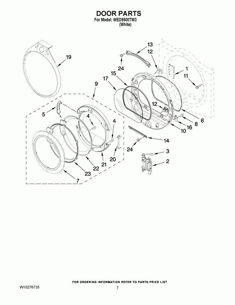 DOOR PARTS Diagram and Parts List for WED9500TW3  Whirlpool Dryer