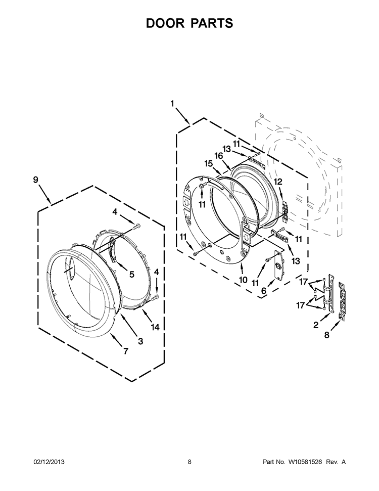 DOOR PARTS Diagram and Parts List for WEL98HEBU0  Whirlpool Dryer
