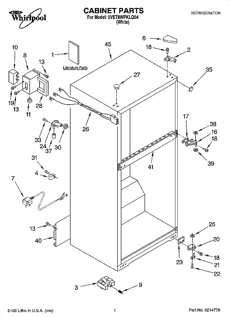 CABINET PARTS Diagram and Parts List for 5VET8WPKLQ04  Whirlpool Refrigerator