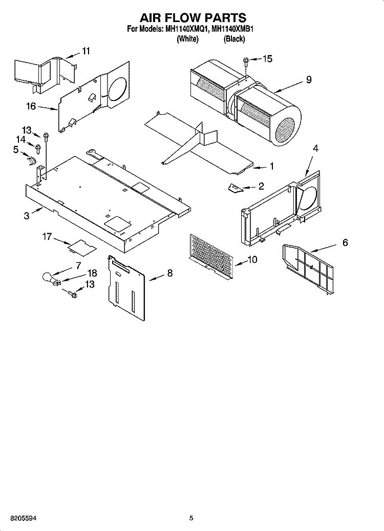 AIR FLOW PARTS Diagram and Parts List for MH1140XMQ1  Whirlpool Microwave