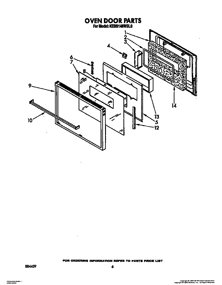 OVEN DOOR Diagram and Parts List for KEBS146WBL0  KitchenAid Wall Oven