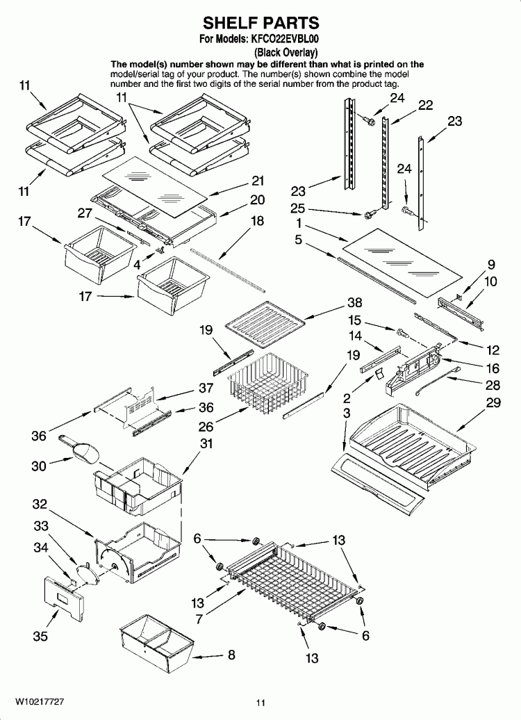 SHELF PARTS Diagram and Parts List for KFCO22EVBL00  KitchenAid Refrigerator