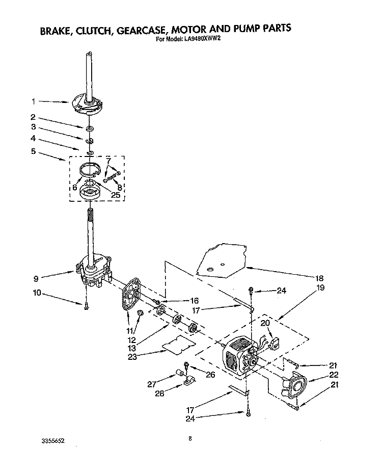 BRAKE, CLUTCH, GEARCASE, MOTOR AND PUMP Diagram and Parts List for LA9480XWF2  Whirlpool Washer