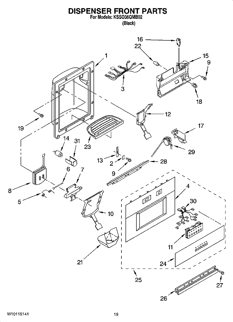 DISPENSER AND FRONT PARTS Diagram and Parts List for KSSO36QMB02  KitchenAid Refrigerator