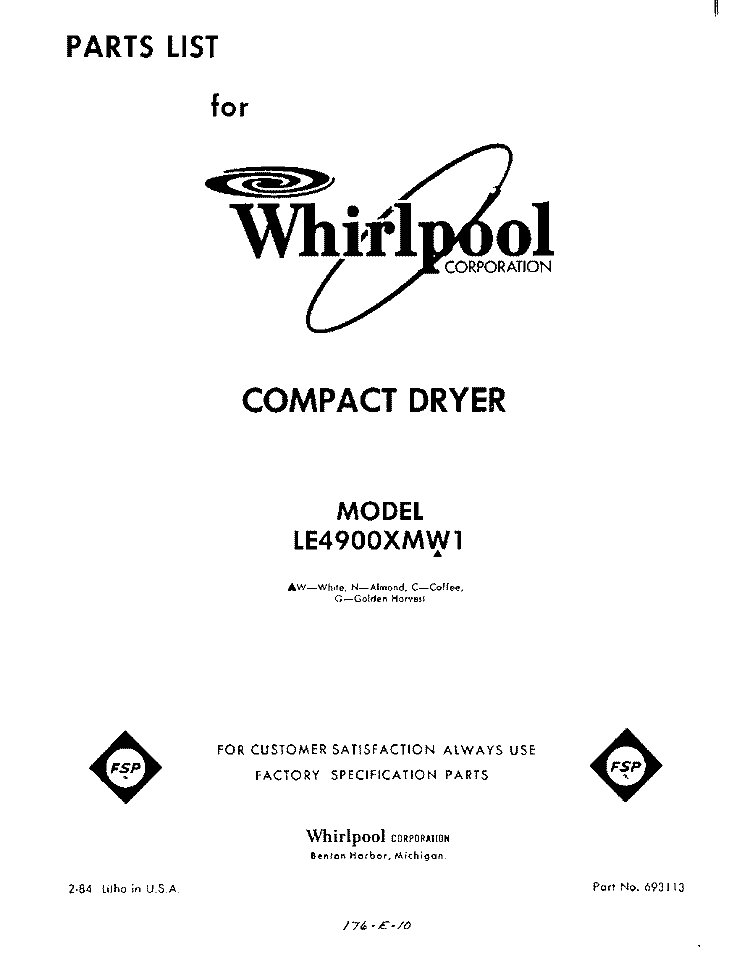 SECTION Diagram and Parts List for LE4900XMW1  Whirlpool Dryer