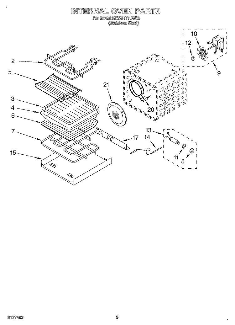 INTERNAL OVEN Diagram and Parts List for KEBS177DSS8  KitchenAid Wall Oven