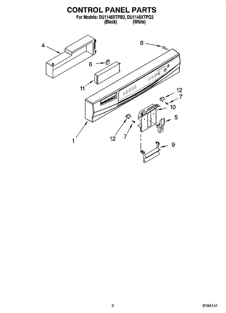 CONTROL PANEL PARTS Diagram and Parts List for DU1148XTPB3  Whirlpool Dishwasher