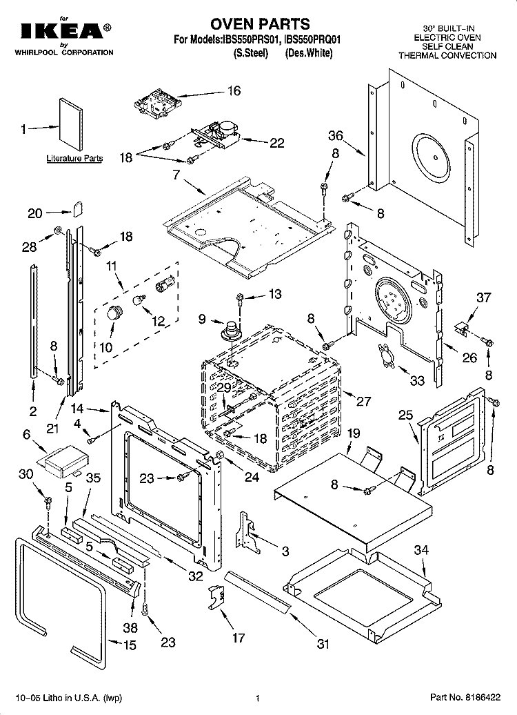OVEN PARTS Diagram and Parts List for IBS550PRS01  Whirlpool Wall Oven