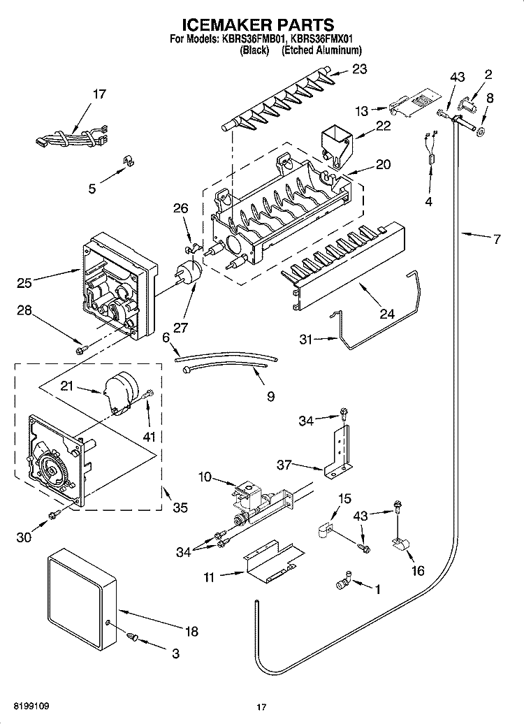 ICEMAKER PARTS Diagram and Parts List for KBRS36FMX01  KitchenAid Refrigerator