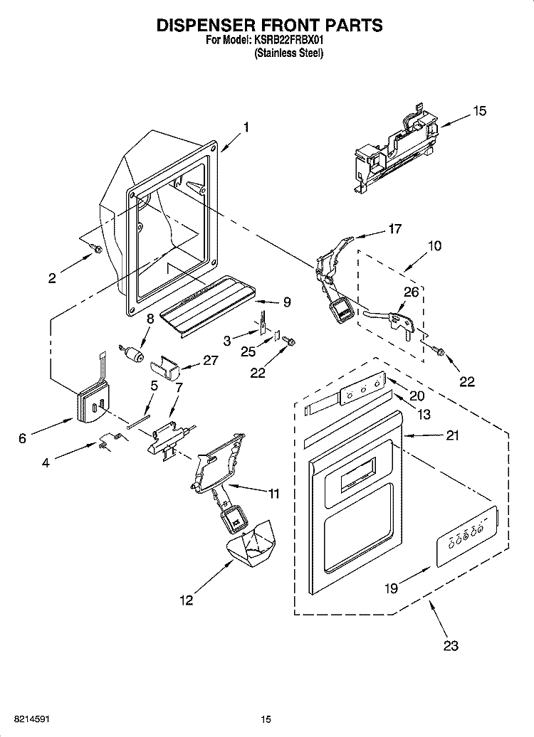 DISPENSER FRONT PARTS Diagram and Parts List for KSRB22FRBX01  KitchenAid Refrigerator