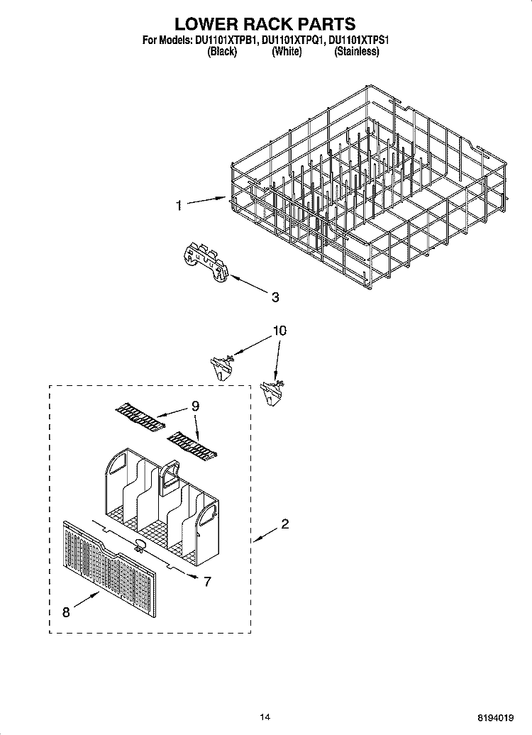 LOWER RACK PARTS, OPTIONAL PARTS (NOT INCLUDED) Diagram and Parts List for DU1101XTPB1  Whirlpool Dishwasher