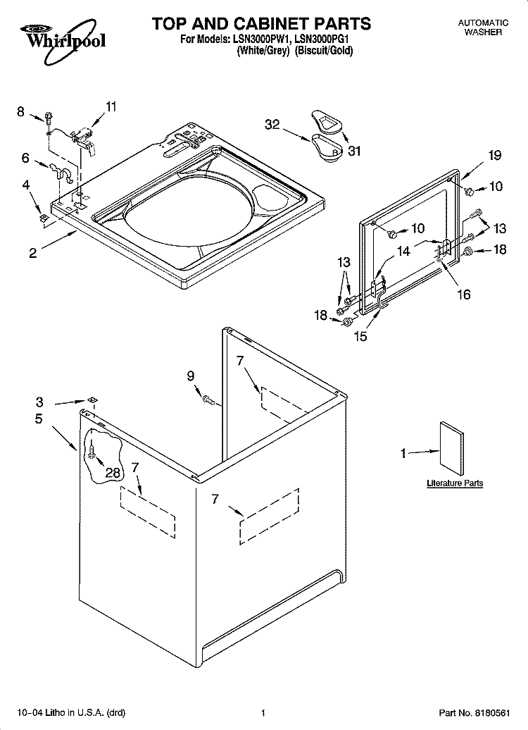 TOP AND CABINET PARTS Diagram and Parts List for LSN3000PW1  Whirlpool Washer