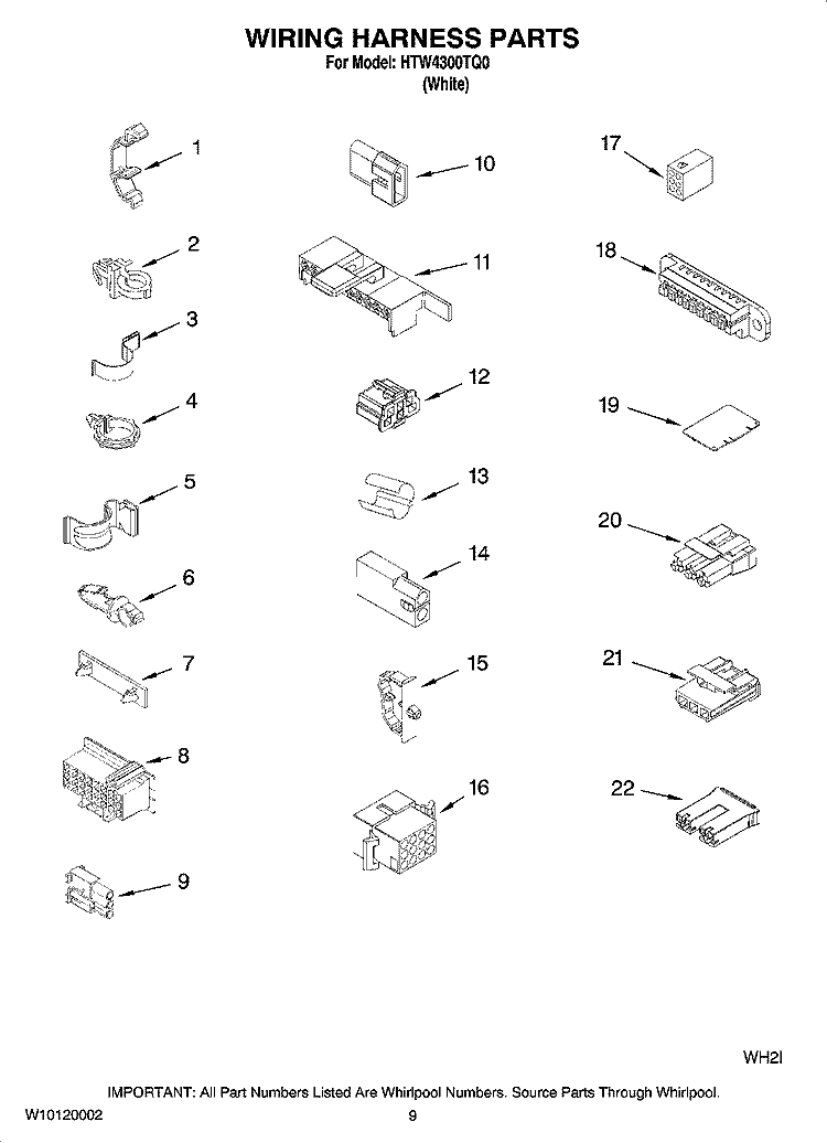 WIRING HARNESS PARTS Diagram and Parts List for HTW4300TQ0  Whirlpool Washer
