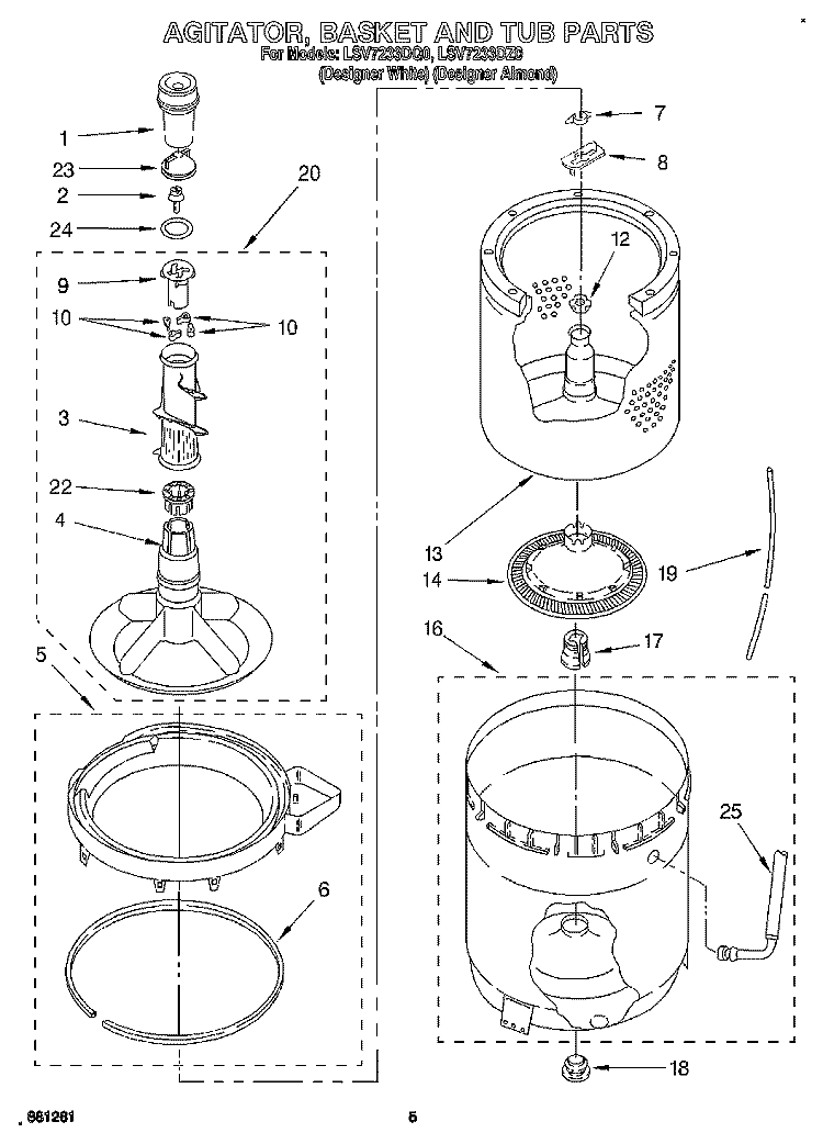 AGITATOR, BASKET AND TUB Diagram and Parts List for LSV7233DZ0  Whirlpool Washer