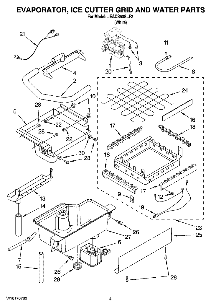 EVAPORATOR, ICE CUTTER GRID AND WATER PARTS Diagram and Parts List for JEACS50SLF2  Whirlpool Ice Maker