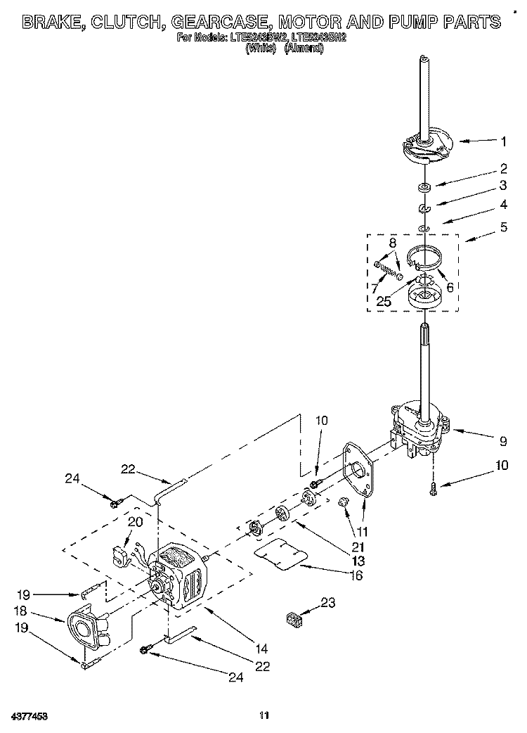 BRAKE, CLUTCH, GEARCASE, MOTOR AND PUMP Diagram and Parts List for LTE5243BW2  Whirlpool Washer Dryer Combo