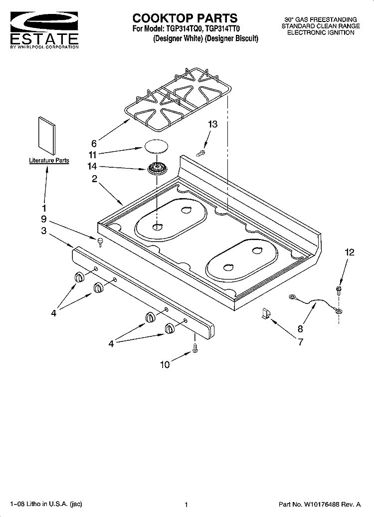 COOKTOP PARTS Diagram and Parts List for TGP314TQ0  Estate Range