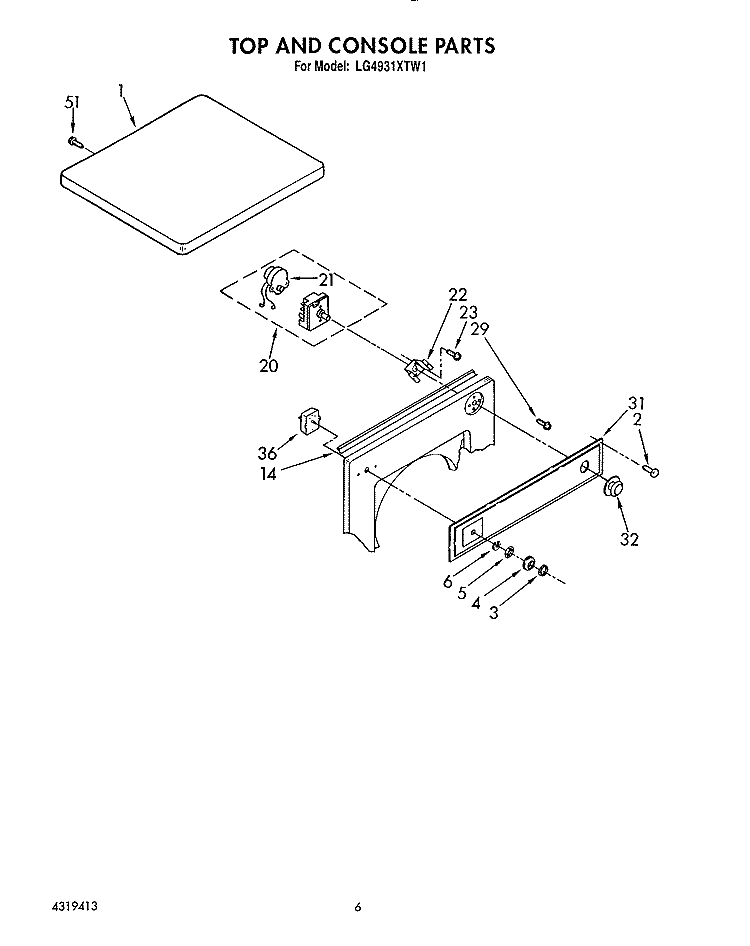 TOP AND CONSOLE Diagram and Parts List for LG4931XTN1  Whirlpool Dryer