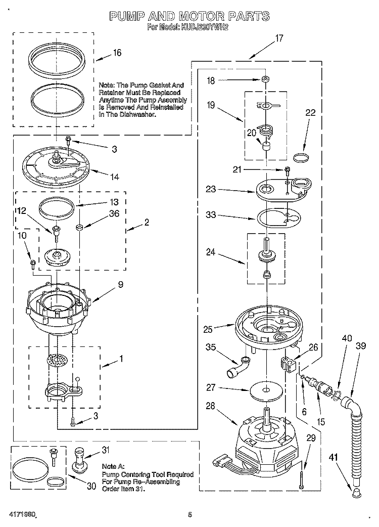 PUMP AND MOTOR Diagram and Parts List for KUDJ230YWH2  KitchenAid Dishwasher