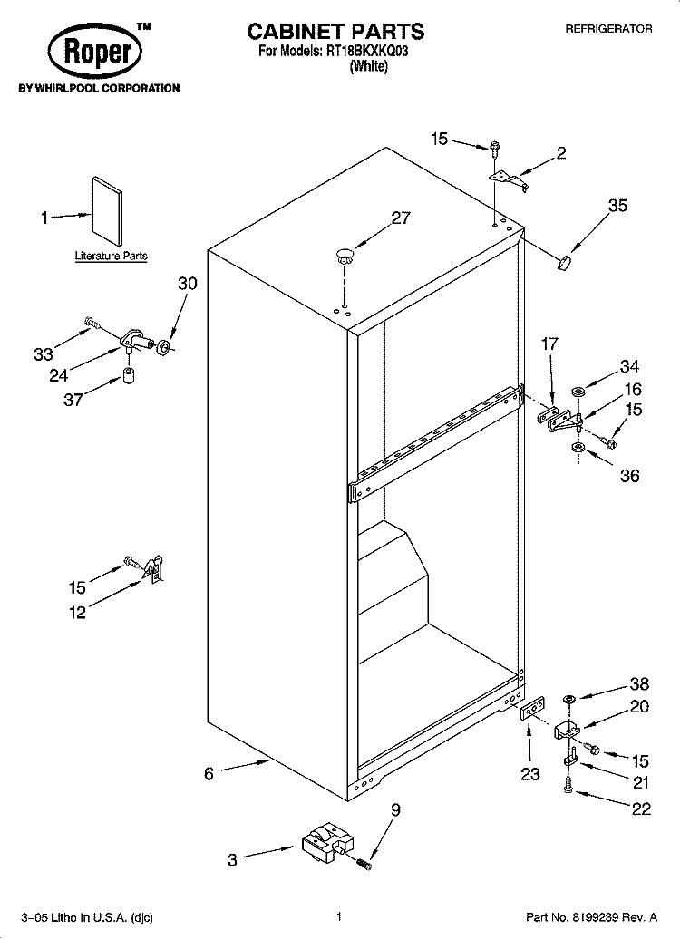 CABINET PARTS Diagram and Parts List for RT18BKXKQ03  Roper Refrigerator