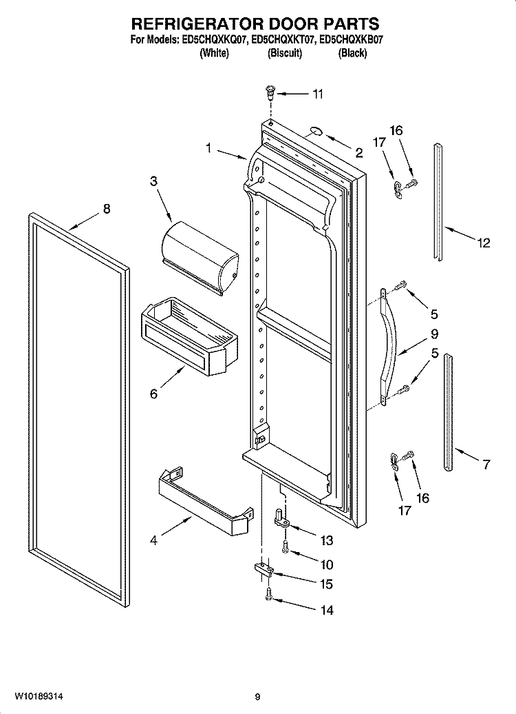 REFRIGERATOR DOOR PARTS Diagram and Parts List for ED5CHQXKT07  Whirlpool Refrigerator